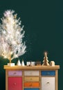 Modern Christmas interior with dresser and Christmas tree, Scandinavian style. Wall mock up. 3D illustration