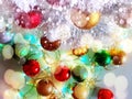 Christmas tree holiday white gold silver red green balls with snowflakes wallpaper light decoration lights colorful new year blurr Royalty Free Stock Photo
