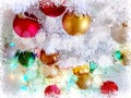 Christmas tree holiday white gold silver red green balls with snowflakes wallpaper light decoration lights colorful new year blurr Royalty Free Stock Photo