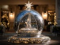A modern Christmas tree installation, featuring a chrome-and-glass sphere containing an illuminated nativity-like interior The Royalty Free Stock Photo