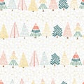 Modern Christmas tree seamless vector design. Hand drawn christmas trees in a row and stars on a gray background. Seamless