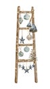 Modern Christmas tree. Wooden ladder with christmas lights,pine cone, firry. Watercolor illustration. Farmhouse