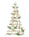 Modern Christmas tree. Wooden ladder with christmas lights,pine cone, firry. Watercolor illustration. Farmhouse