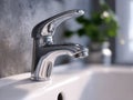 Modern chrome faucet mounted on a white ceramic sink with blurred background elements in a stylish bathroom setting displaying Royalty Free Stock Photo