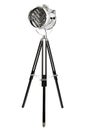 Modern chrome floor lamp with three black wooden legs, isolated