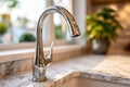 Modern chrome kitchen faucet with marble countertop and greenery in the background Royalty Free Stock Photo