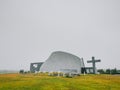 Modern church, concrete construction, with a large cross, new parish church, Bloendus,