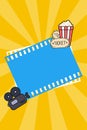 Modern Cinema Background with place for text. Film frames with popcorn box, ticket, camcorder. Design flyer or poster, banner, Royalty Free Stock Photo