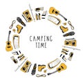 Modern circle frame for hiking, traveling design. Pattern with camping symbols. Boots, flashlight, rope, sleeping bag