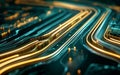 Modern circuit board with glowing golden and turquoise light paths, technological abstract background representing digital Royalty Free Stock Photo