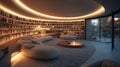 Modern, circular library with comfortable seating and cozy fireplace Royalty Free Stock Photo