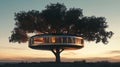 A modern, circular treehouse encircles a large tree