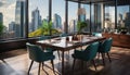 Modern city apartment with a bright, comfortable dining room and skyline view generated by AI