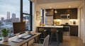 Modern city apartment kitchen and remote workspace view Royalty Free Stock Photo