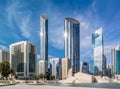 Modern city architecture and famous skyscrapers of Abu Dhabi skyline with beautiful clouds, World Trade Center, UAE