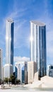 Modern city architecture and famous skyscrapers of Abu Dhabi skyline with beautiful clouds, World Trade Center UAE