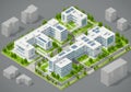 Modern city block illustration with multiple white, rectangular buildings arranged in an Royalty Free Stock Photo