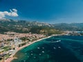 The modern city of Budva, from a bird`s-eye view, aerial photo from a drone. Royalty Free Stock Photo