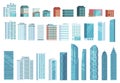 Modern city buildings. City skyscraper building, town houses, business office skyscrapers vector illustration set