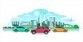 Modern City & cars, panorama. Seaside sunrise or sunset, a picturesque landscape with modern snowy buildings & multicolored