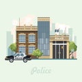 Modern city center vector illustration in flat design.Police office building vector illustration in flat design.