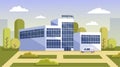Modern city glass building of public hospital with ambulances and patients Royalty Free Stock Photo