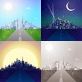 Modern city on horizon flat scene set: day, night, sunset, sepia Royalty Free Stock Photo