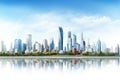 Modern city landscape with skyscrapers and lake illustration. CBD skyline full city view and tall financial buildings in Beijing, Royalty Free Stock Photo