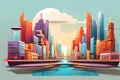 Modern city landscape with skyscrapers, river and boats. Vector illustration. Royalty Free Stock Photo