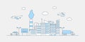 Modern city landscape vector flat line illustration. Buildings, car, truck, plane, helicopter icons for website design. Royalty Free Stock Photo