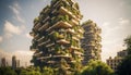 Modern city life grows amidst nature beauty generated by AI