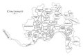 Modern City Map - Cincinnati Ohio city of the USA with neighborhoods and titles outline map Royalty Free Stock Photo