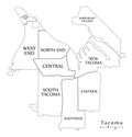 Modern City Map - Tacoma Washington city of the USA with neighborhoods and titles outline map