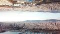 Modern city with mirror effect. Stock. Top view of big city landscape with effect of parallel realities. Panorama of big