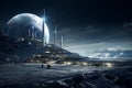 people live in modern city on planet with full moon the future city, sci-fi concept, ai generated Royalty Free Stock Photo