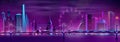 Modern city neon cartoon vector night landscape Royalty Free Stock Photo