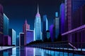 Modern city at night with bridge and reflection in water, Vector illustration background, generative ai
