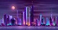 Modern city night landscape neon cartoon vector Royalty Free Stock Photo