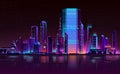 Modern city night skyline neon cartoon vector Royalty Free Stock Photo