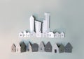 Modern City, office buildings, skyscrapers and town houses. Property and house buying concept. Paper cut design background. Royalty Free Stock Photo