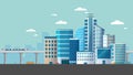 Modern city panorama with sky train.Big city landscape with cars on road flat vector illustration. Royalty Free Stock Photo
