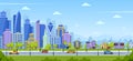 Modern city panorama. Urban town cityscape and nature landscape with suburban houses. Big city panoramic view vector