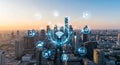 Modern city skyline with digital connectivity visualization, floating holographic icons, circular interface elements, WiFi Royalty Free Stock Photo