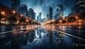 Modern city skyline at dusk, illuminated skyscrapers reflect in water generated by AI Royalty Free Stock Photo