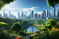 Modern city skyline framed by lush greenery Royalty Free Stock Photo