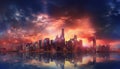 Modern city skyline illuminated by sunset, reflecting on water generated by AI Royalty Free Stock Photo