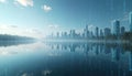 Modern city skyline reflected in calm water under a blue sky. Digital rain of binary code falls around the skyscrapers and trees. Royalty Free Stock Photo