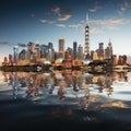 Modern city skyline reflected in water, in the style of daz3d and chinapunk Royalty Free Stock Photo