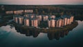 Modern city skyline reflects tranquil sunset over suburban housing development generated by AI