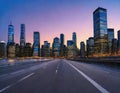 modern city skyline at sunset